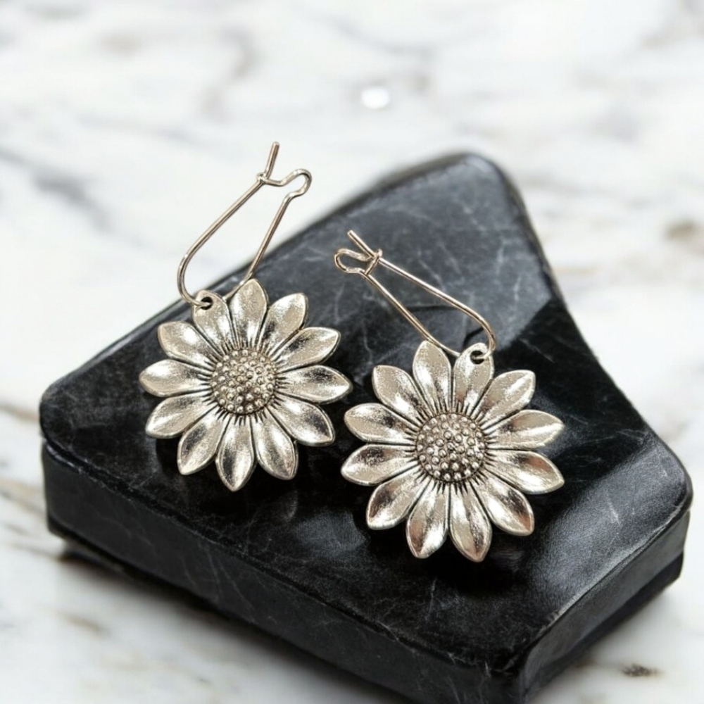 Silver Plated Sunflower Dangle Earrings